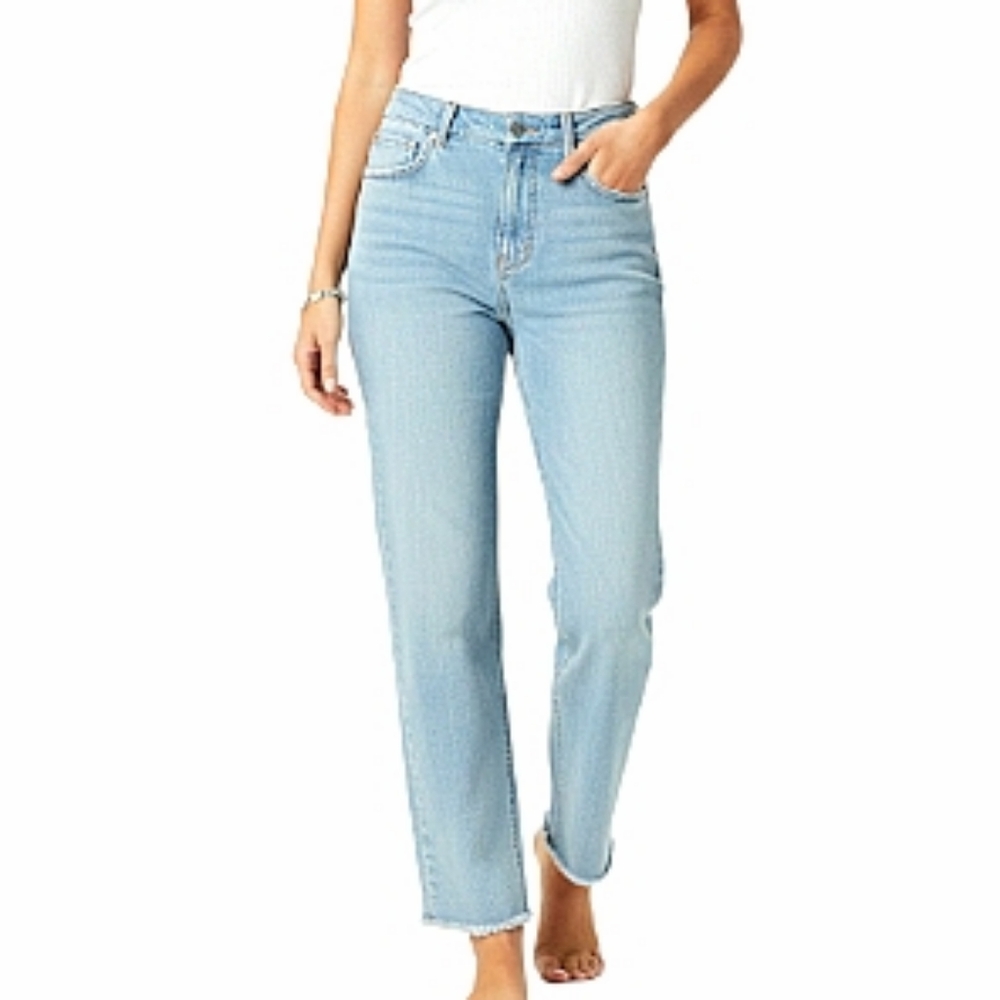 Free People We The Free Straight Leg Jeans Light Wash High Waist Raw Hem Size 28